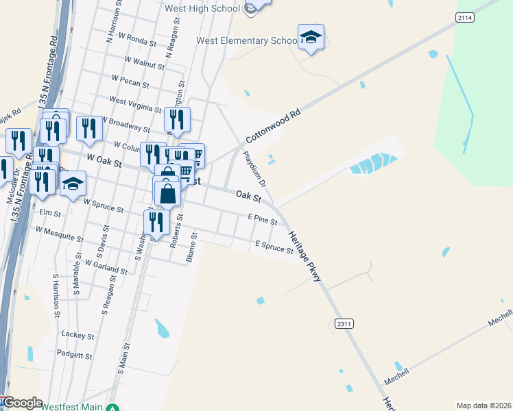 map of restaurants, bars, coffee shops, grocery stores, and more near East Oak Street in West