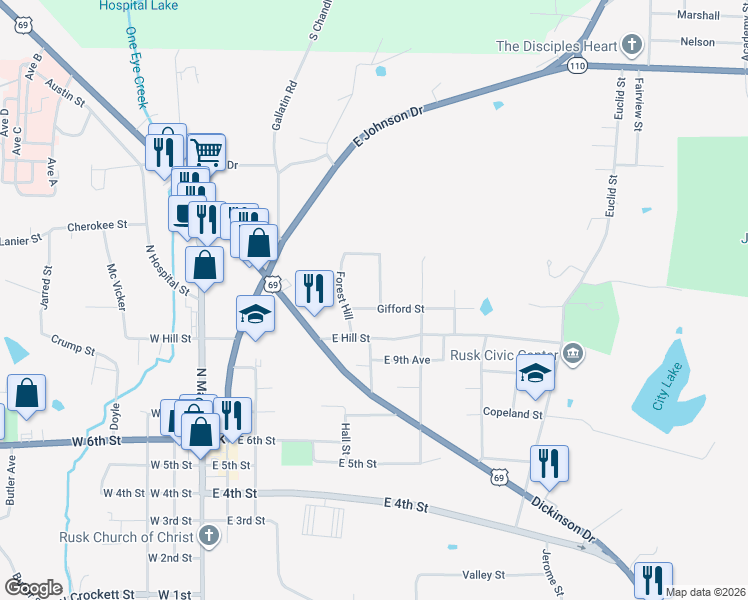map of restaurants, bars, coffee shops, grocery stores, and more near 184 Caroline Street in Rusk