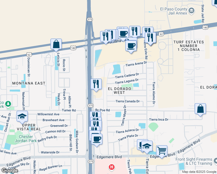 map of restaurants, bars, coffee shops, grocery stores, and more near 3832 Tierra Zafiro Drive in El Paso