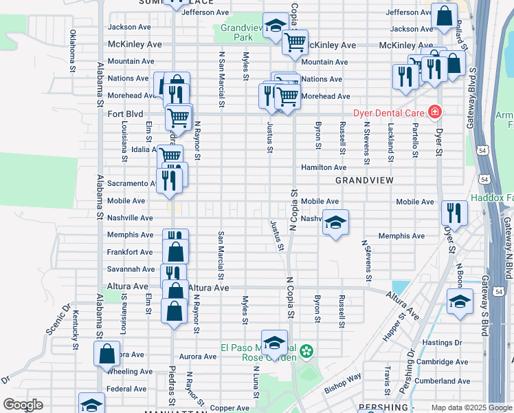 map of restaurants, bars, coffee shops, grocery stores, and more near 3203 Mobile Avenue in El Paso