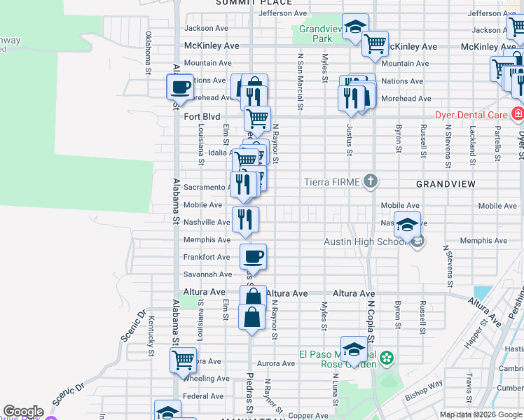 map of restaurants, bars, coffee shops, grocery stores, and more near 2903 Mobile Avenue in El Paso