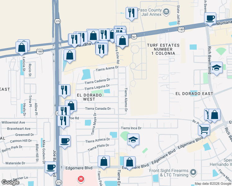 map of restaurants, bars, coffee shops, grocery stores, and more near 3848 Tierra Roca Place in El Paso