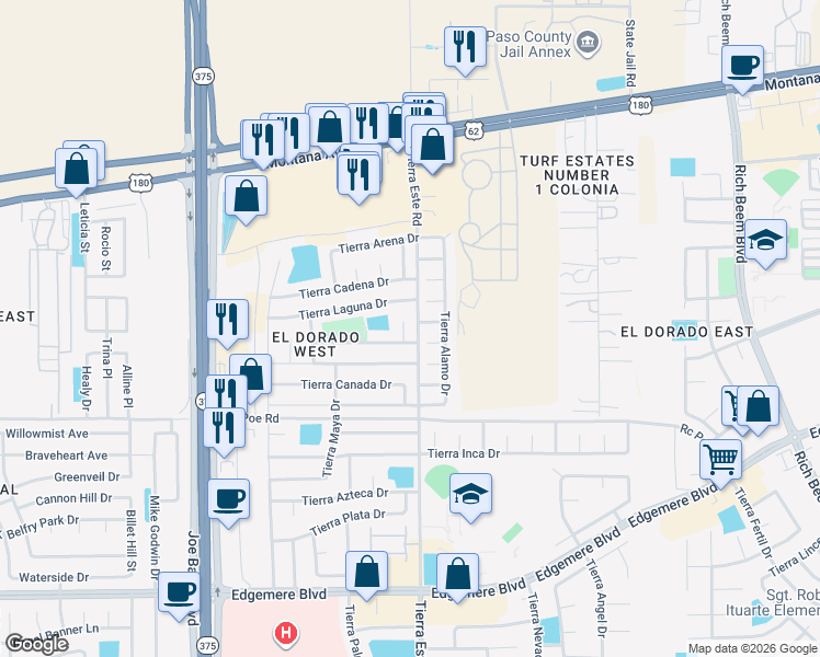 map of restaurants, bars, coffee shops, grocery stores, and more near 3848 Tierra Roca Place in El Paso