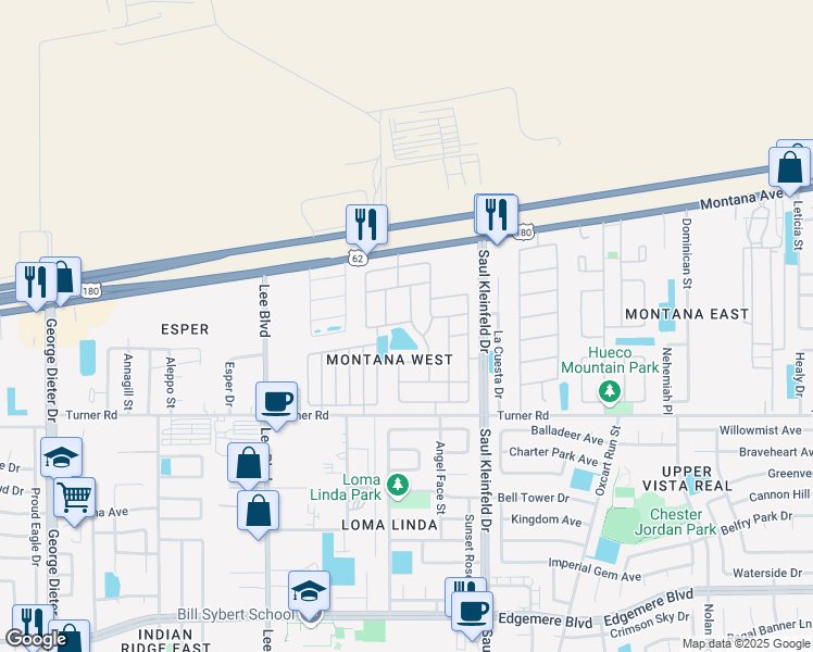 map of restaurants, bars, coffee shops, grocery stores, and more near 3657 Almond Beach Drive in El Paso