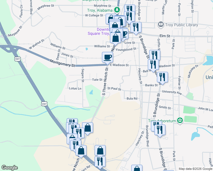 map of restaurants, bars, coffee shops, grocery stores, and more near 503 South 3 Notch Street in Troy
