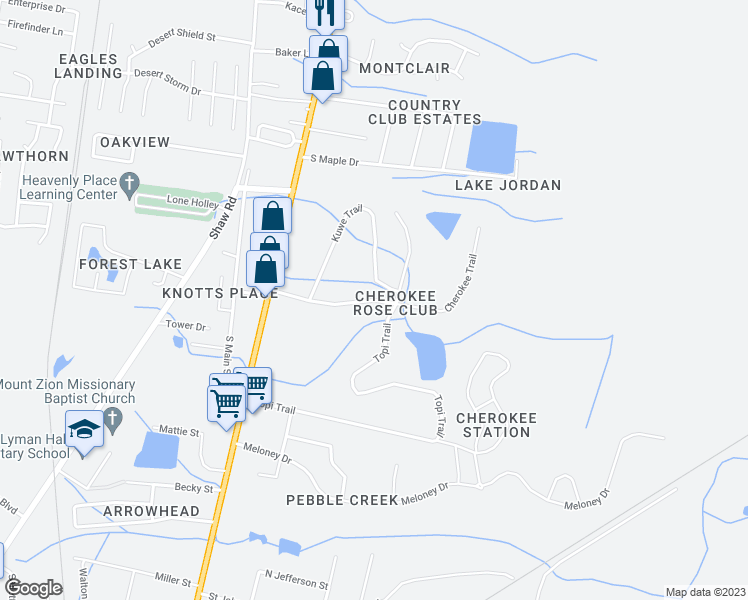 map of restaurants, bars, coffee shops, grocery stores, and more near 210 Cherokee Trail in Hinesville