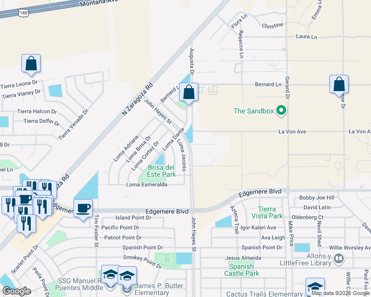 map of restaurants, bars, coffee shops, grocery stores, and more near 3772 Loma Jacinto in El Paso
