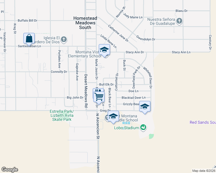 map of restaurants, bars, coffee shops, grocery stores, and more near 14841 Bull Elk Drive in El Paso