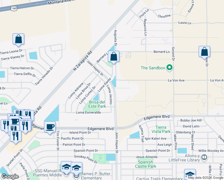 map of restaurants, bars, coffee shops, grocery stores, and more near 3772 Loma Jacinto in El Paso
