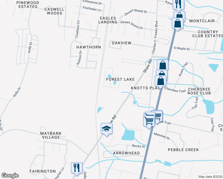 map of restaurants, bars, coffee shops, grocery stores, and more near 1410 Forest Lake Drive in Hinesville