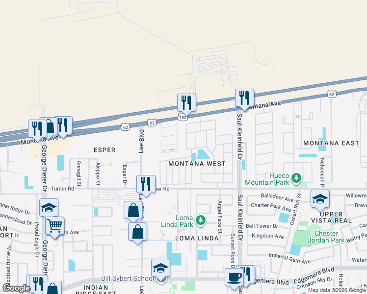 map of restaurants, bars, coffee shops, grocery stores, and more near 3729 Coco Palm Drive in El Paso