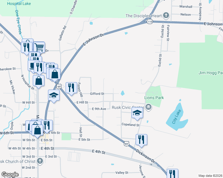 map of restaurants, bars, coffee shops, grocery stores, and more near 203 Pecan Street in Rusk