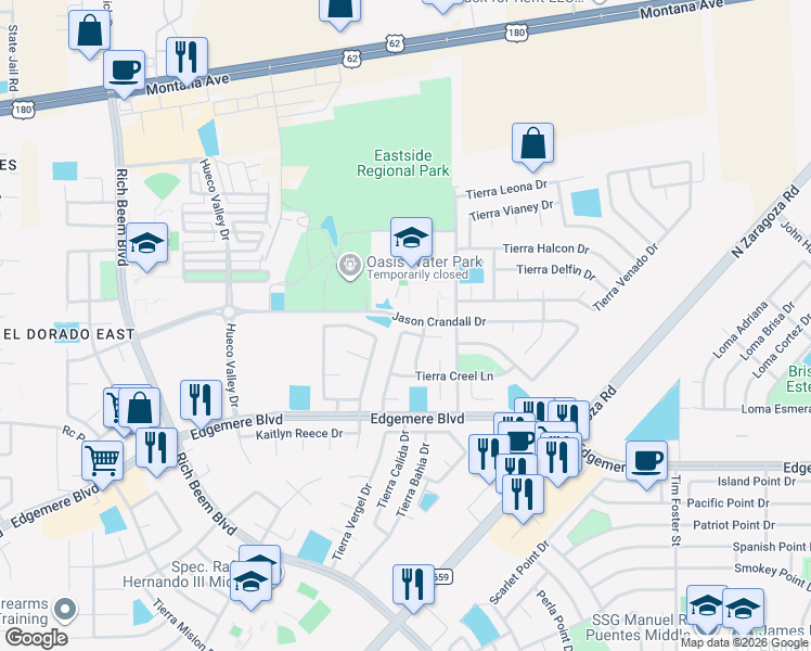 map of restaurants, bars, coffee shops, grocery stores, and more near 3841 Tierra Campa Drive in El Paso