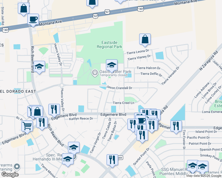 map of restaurants, bars, coffee shops, grocery stores, and more near 3841 Tierra Campa Drive in El Paso