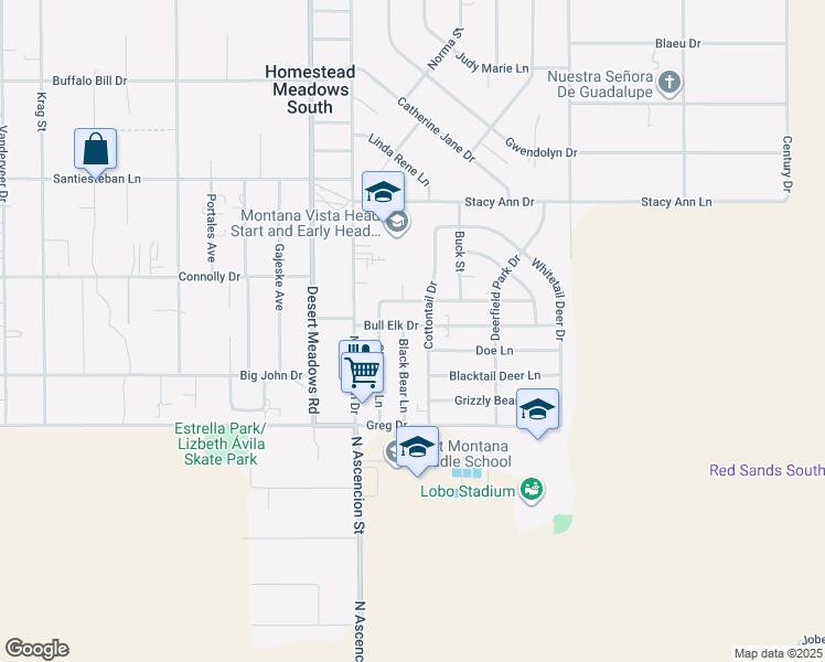 map of restaurants, bars, coffee shops, grocery stores, and more near 14841 Bull Elk Drive in El Paso
