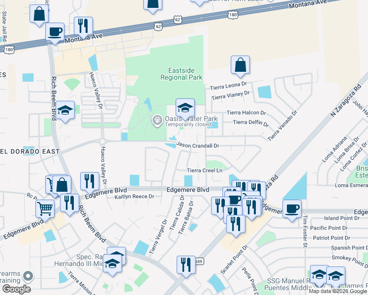 map of restaurants, bars, coffee shops, grocery stores, and more near 3841 Tierra Campa Drive in El Paso