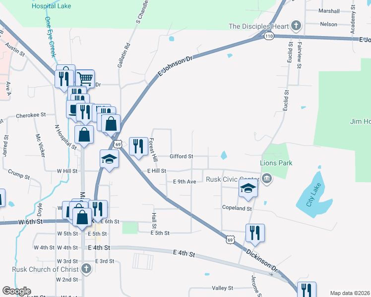 map of restaurants, bars, coffee shops, grocery stores, and more near 112 Bonner Street in Rusk