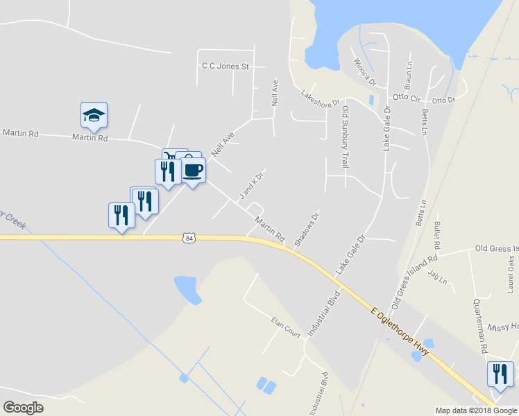 map of restaurants, bars, coffee shops, grocery stores, and more near 67 Shady Oaks Loop in Midway