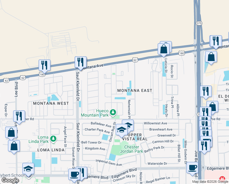 map of restaurants, bars, coffee shops, grocery stores, and more near 3685 Texas Star Street in El Paso