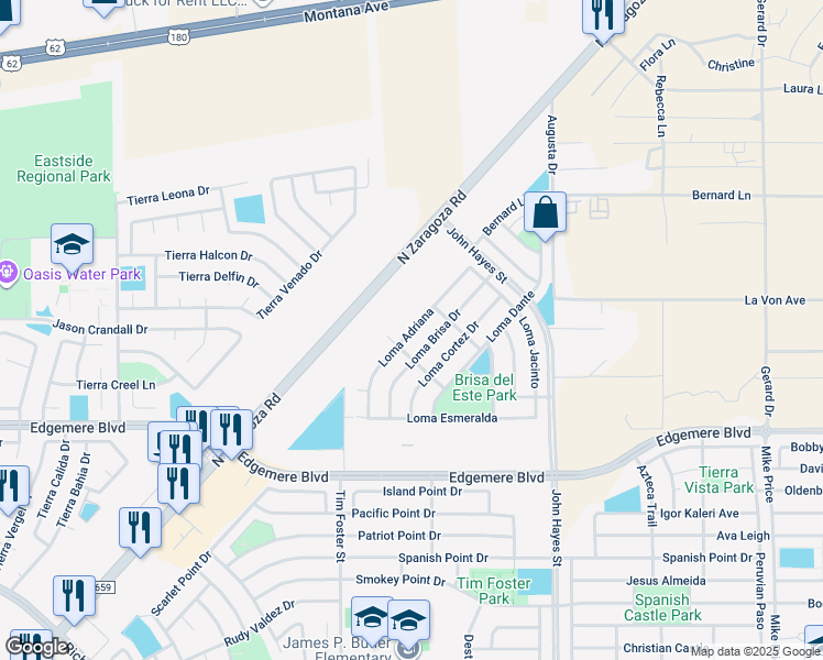 map of restaurants, bars, coffee shops, grocery stores, and more near Loma Adriana in El Paso