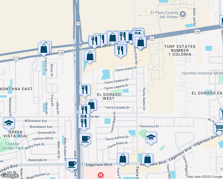 map of restaurants, bars, coffee shops, grocery stores, and more near 12280 Tierra Laguna Drive in El Paso