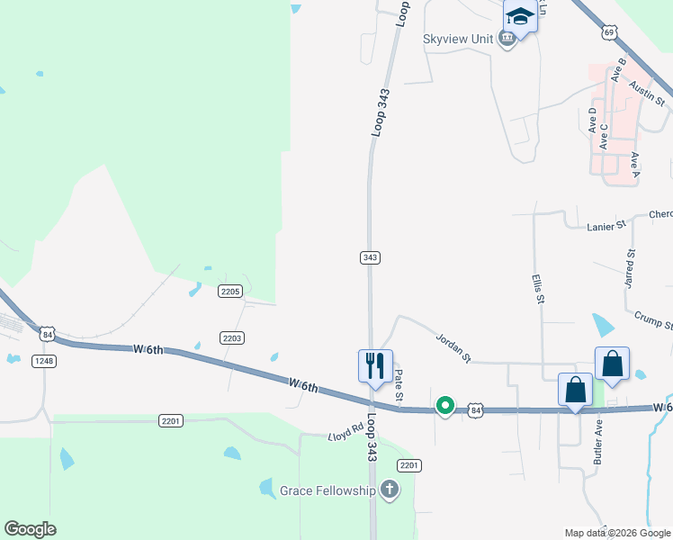map of restaurants, bars, coffee shops, grocery stores, and more near 3481 Loop 343 in Rusk
