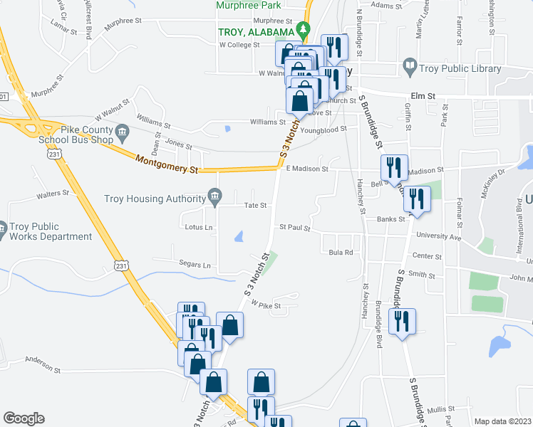 map of restaurants, bars, coffee shops, grocery stores, and more near 503 South 3 Notch Street in Troy