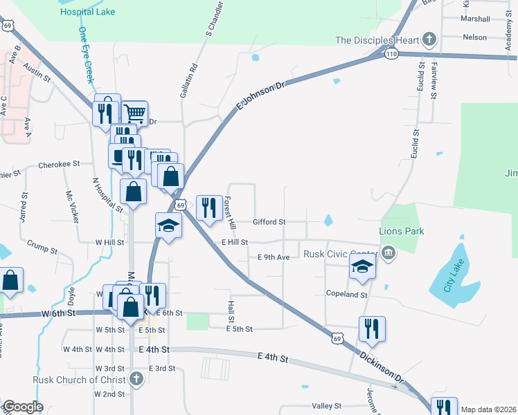 map of restaurants, bars, coffee shops, grocery stores, and more near 112 Bonner Street in Rusk
