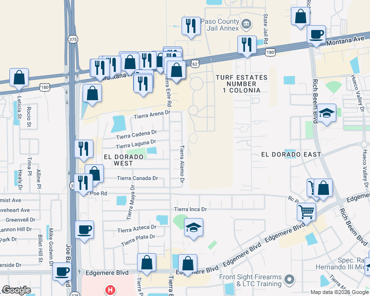 map of restaurants, bars, coffee shops, grocery stores, and more near 3824 Tierra Alamo Drive in El Paso