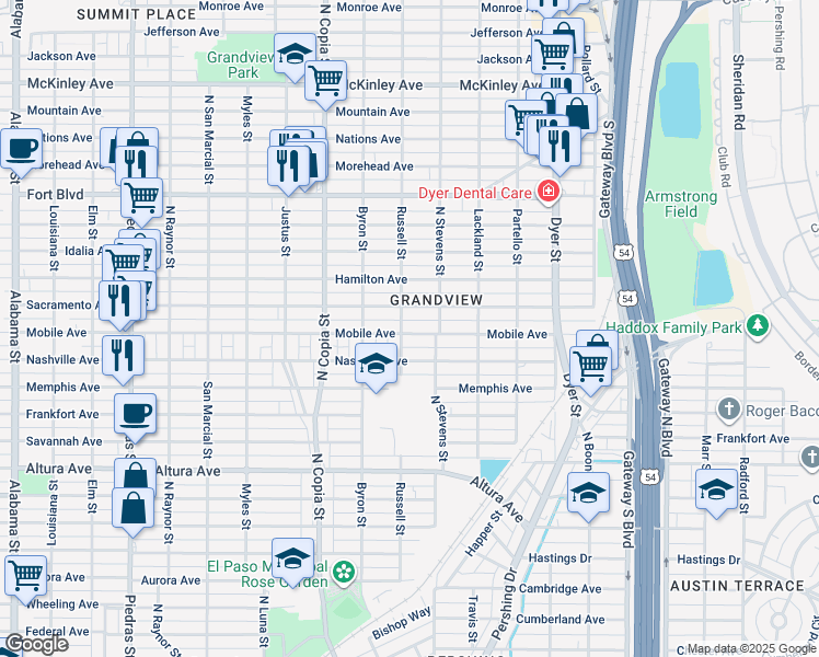 map of restaurants, bars, coffee shops, grocery stores, and more near 3609 Mobile Avenue in El Paso