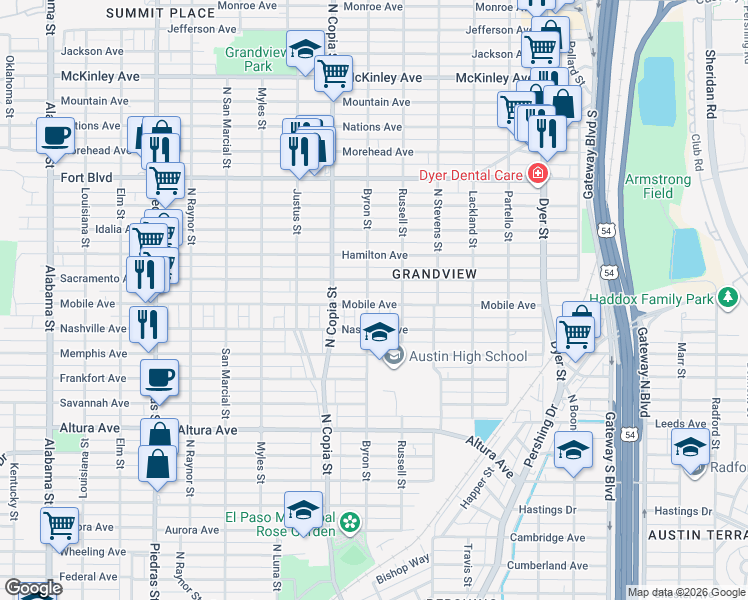 map of restaurants, bars, coffee shops, grocery stores, and more near 3503b Mobile Avenue in El Paso