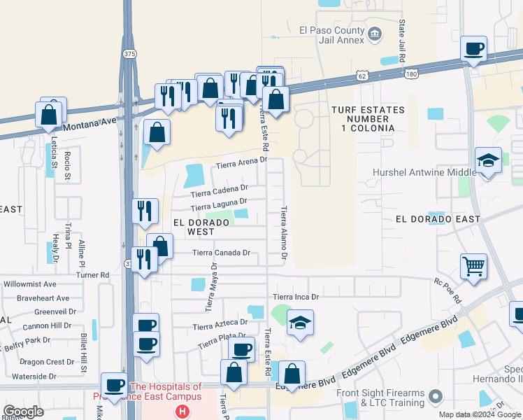 map of restaurants, bars, coffee shops, grocery stores, and more near 3848 Tierra Roca Place in El Paso