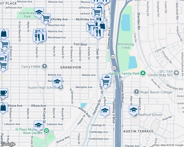 map of restaurants, bars, coffee shops, grocery stores, and more near 3901 Mobile Avenue in El Paso