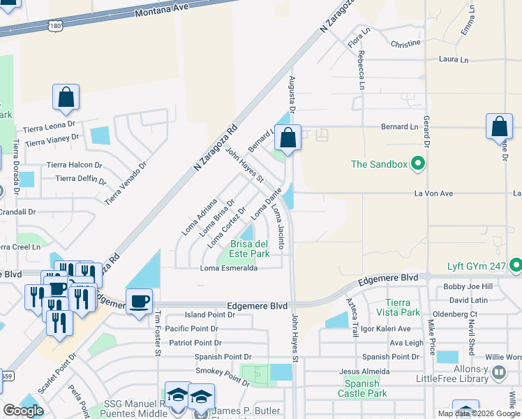 map of restaurants, bars, coffee shops, grocery stores, and more near Loma Dante in El Paso