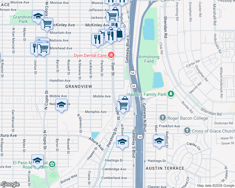 map of restaurants, bars, coffee shops, grocery stores, and more near 4001 Mobile Avenue in El Paso