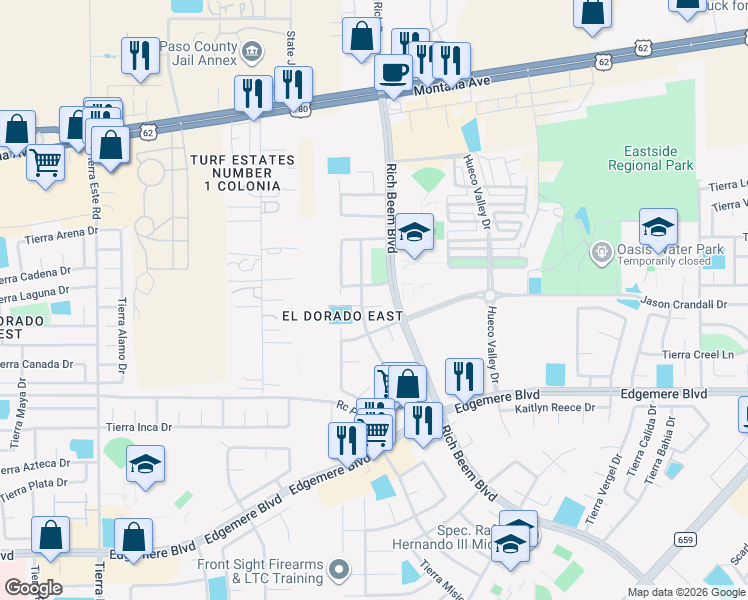 map of restaurants, bars, coffee shops, grocery stores, and more near 12733 Tierra Nunez Court in El Paso