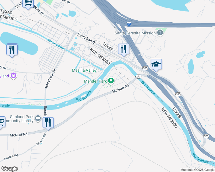 map of restaurants, bars, coffee shops, grocery stores, and more near 220 McNutt Road in Sunland Park