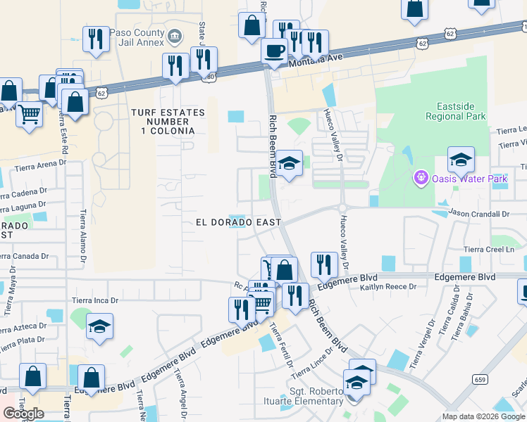 map of restaurants, bars, coffee shops, grocery stores, and more near 12737 Tierra Nunez Court in El Paso