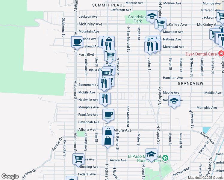 map of restaurants, bars, coffee shops, grocery stores, and more near 2903 Mobile Avenue in El Paso
