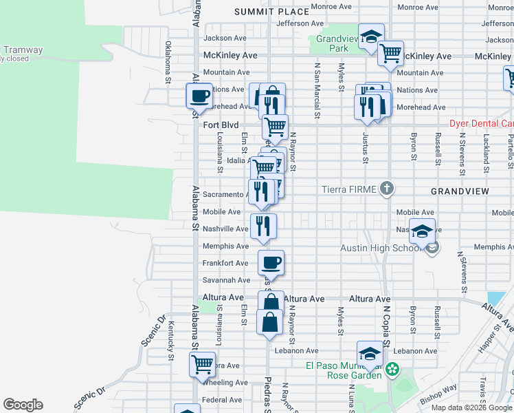 map of restaurants, bars, coffee shops, grocery stores, and more near 2807 Mobile Avenue in El Paso