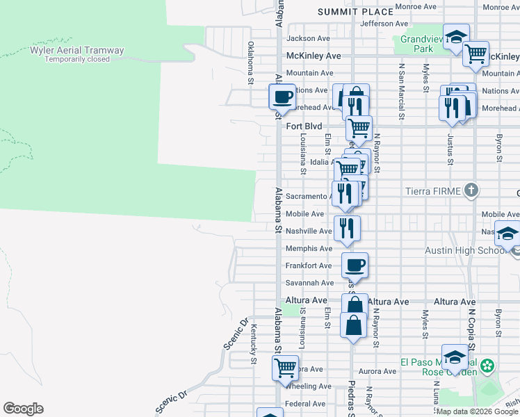 map of restaurants, bars, coffee shops, grocery stores, and more near in El Paso