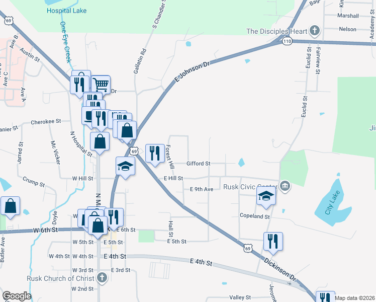 map of restaurants, bars, coffee shops, grocery stores, and more near Caroline Street in Rusk