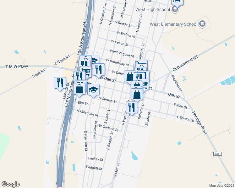 map of restaurants, bars, coffee shops, grocery stores, and more near 305 W Pine St in West