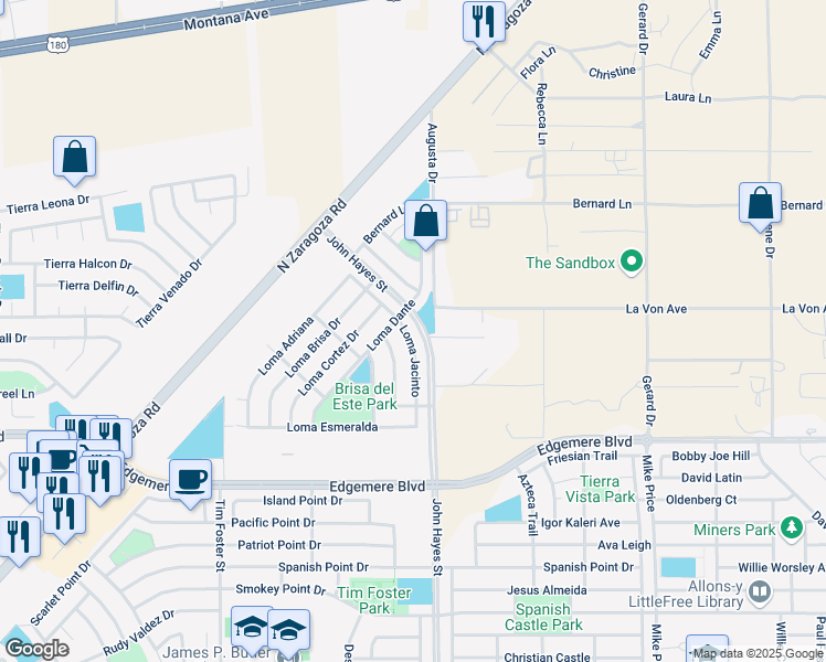 map of restaurants, bars, coffee shops, grocery stores, and more near 3772 Loma Jacinto in El Paso