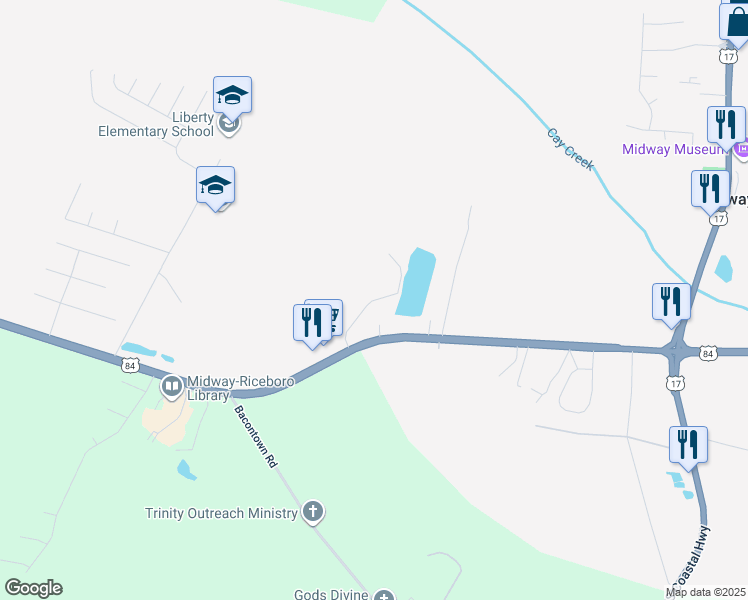 map of restaurants, bars, coffee shops, grocery stores, and more near Dasher Road in Midway