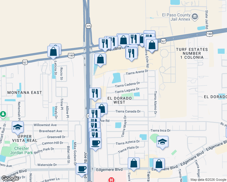 map of restaurants, bars, coffee shops, grocery stores, and more near 12245 Tierra Laguna Drive in El Paso