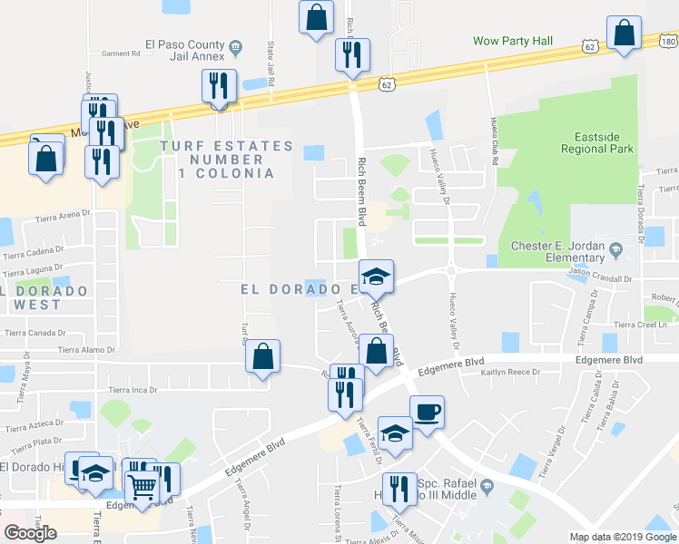 map of restaurants, bars, coffee shops, grocery stores, and more near 12733 Tierra Nunez Court in El Paso