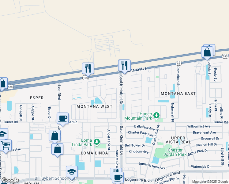 map of restaurants, bars, coffee shops, grocery stores, and more near 11673 Sugar Bay Way in El Paso