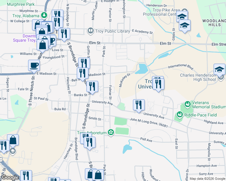 map of restaurants, bars, coffee shops, grocery stores, and more near 610 Folmar Street in Troy
