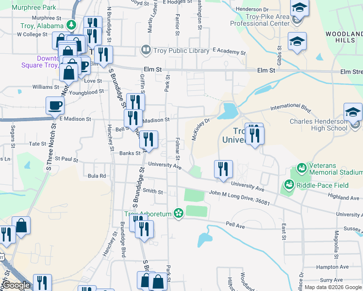 map of restaurants, bars, coffee shops, grocery stores, and more near 602 Folmar Street in Troy
